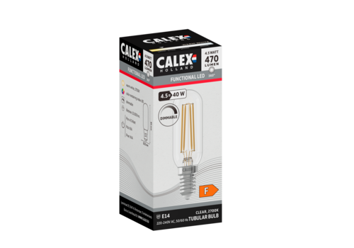  Calex Buis T26x58 Helder Straight filament 220-240V 4.5W 470lm 2700K E14 Dimbaar met LED dimmer 