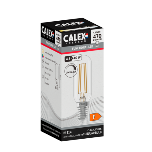  Calex Buis T26x58 Helder Straight filament 220-240V 4.5W 470lm 2700K E14 Dimbaar met LED dimmer 