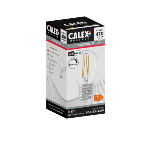  Calex Kogel P45 Helder Straight filament 220-240V 4.5W 470lm 2700K E27 Dimbaar met LED dimmer 