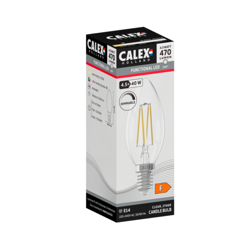 Calex Kaars B35 Helder Straight filament 220-240V 4.5W 470lm 2700K E14 Dimbaar met LED dimmer 