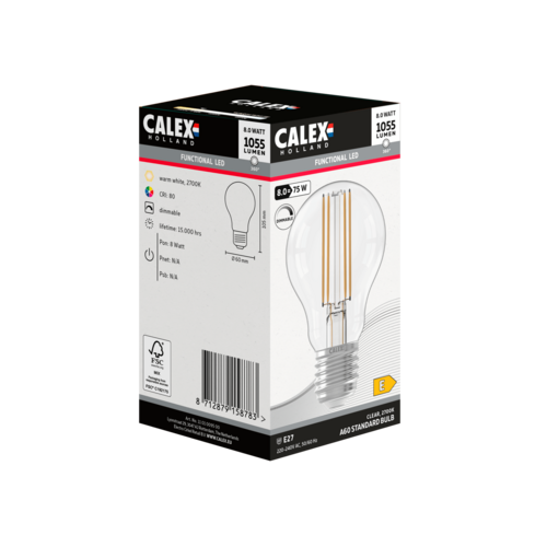  Calex Standaard A60 Helder Straight filament 220-240V 8W 1055lm 2700K E27 Dimbaar met LED dimmer 