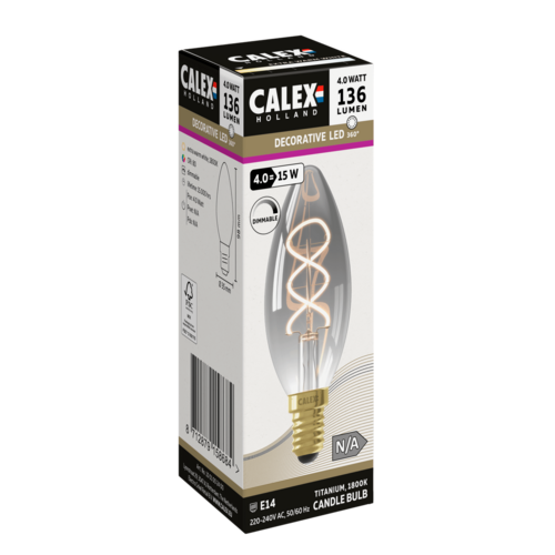  Calex Kaars B35 Titanium Flex Filament 220-240V 4W 136lm 1800K E14 Dimbaar met LED dimmer 
