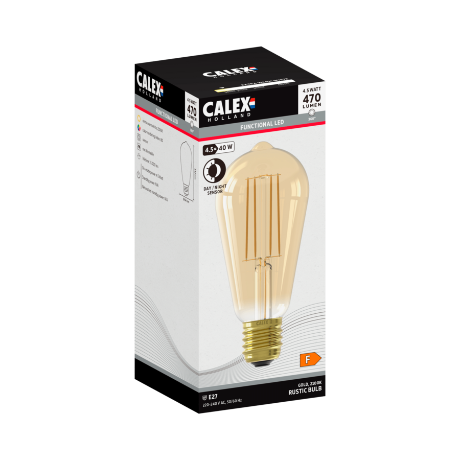 Rustiek ST64 Goud met dag en nacht sensor Straight filament 220-240V 4.5W 470lm 2100K E27 niet dimbaar-1
