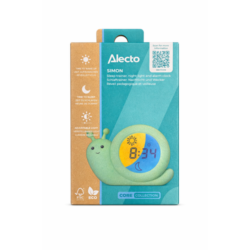  Alecto BC110GN SIMON - Slaaptrainer, nachtlampje en wekker, slak, mintgroen 