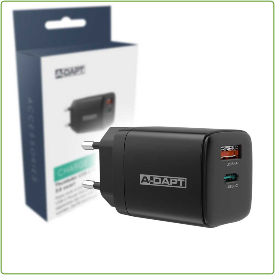 Thuislader USB-C PD 20W + USB QC 3.0 Zwart-1
