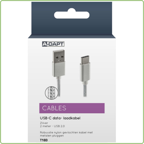  A-DAPT Data en Laadkabel USB-A > USB-C Nylon 2m zilver 