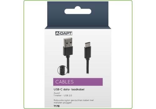 A-DAPT Data en Laadkabel USB-A > USB-C Nylon 1m zwart 