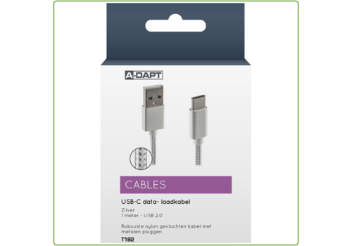  A-DAPT Data en Laadkabel USB-A > USB-C Nylon 1m zilver 