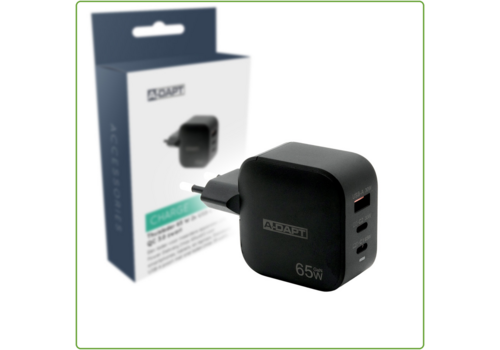  A-DAPT Thuislader 65W 2x USB-C PD + USB QC 3.0 zwart 