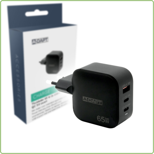  A-DAPT Thuislader 65W 2x USB-C PD + USB QC 3.0 zwart 