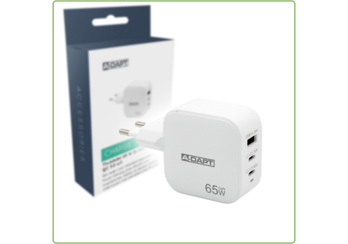  A-DAPT Thuislader 65W 2x USB-C PD + USB QC 3.0 wit 