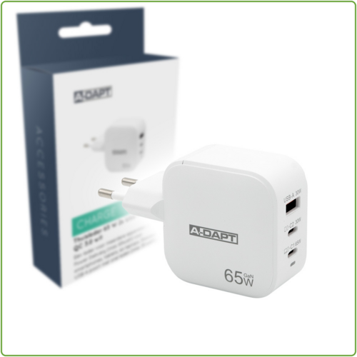  A-DAPT Thuislader 65W 2x USB-C PD + USB QC 3.0 wit 