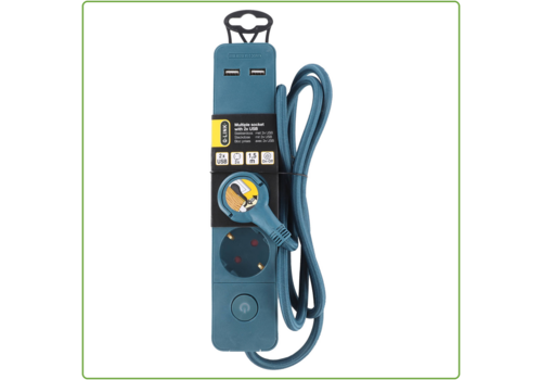  Q-Link 3V Stekkerdoos met 2x USB ingang 1,5M Petrol Schakelaar 