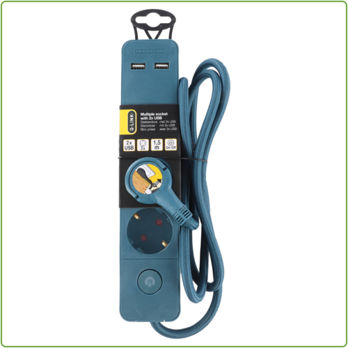  Q-Link 3V Stekkerdoos met 2x USB ingang 1,5M Petrol Schakelaar 