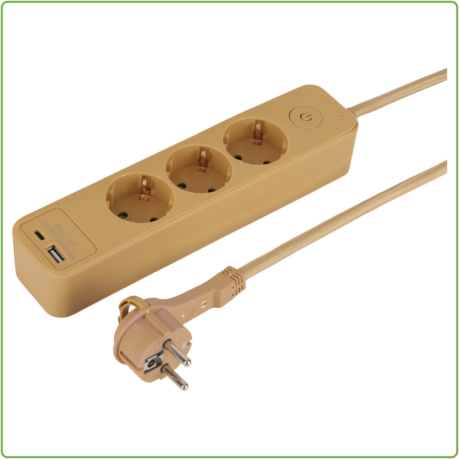 3V Stekkerdoos met 1x USB A en 1x USB C 1,5M Goud Schakelaar-1