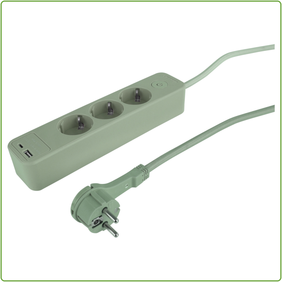 3V Tafelcontactdoos met 1x USB A en 1x USB C | 1,5M | Groen | Schakelaar-1