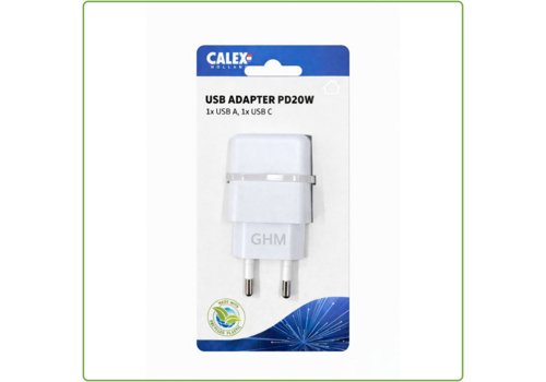  Calex USB Adapter 1x USB-A + 1x USB-C Eurostekker Wit 
