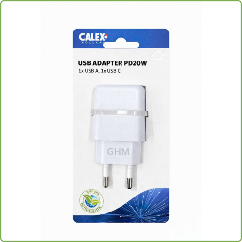  Calex USB Adapter 1x USB-A + 1x USB-C Eurostekker Wit 