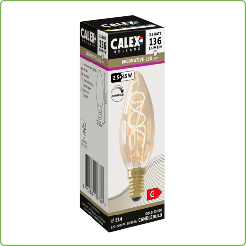 Calex Kaars B35 Goud Flex Filament 220-240V 2.5W 136lm 2100K E14 Dimbaar met LED dimmer 