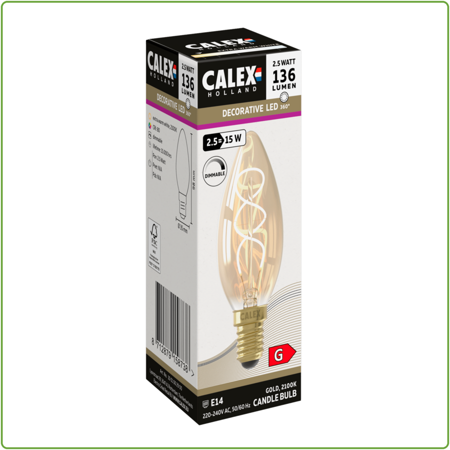 Kaars B35 Goud Flex Filament 220-240V 2.5W 136lm 2100K E14 Dimbaar met LED dimmer-1