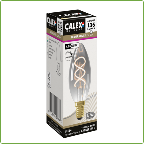  Calex Kaars B35 Titanium Flex Filament 220-240V 4W 136lm 1800K E14 Dimbaar met LED dimmer 
