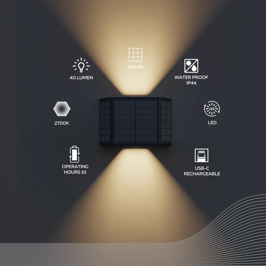 Caserta Outdoor Rechargeable Solar Up and Downlight Adjustable SMD 0.5W 40LM 2700K Zwart-2