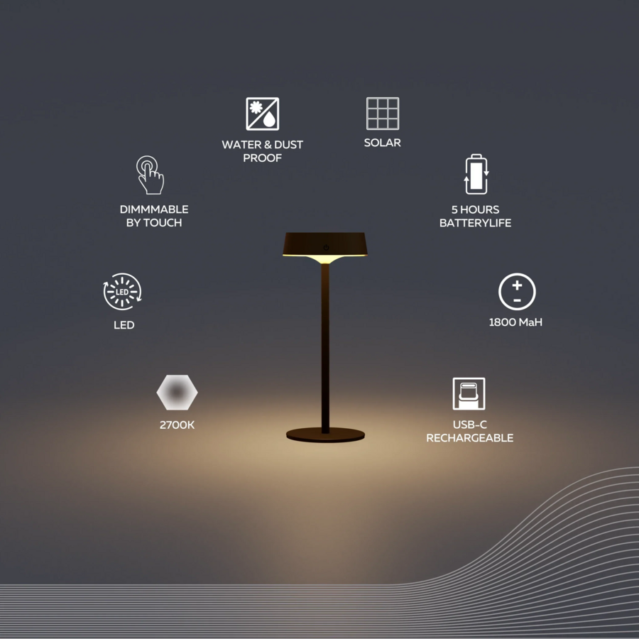 Parma Outdoor Rechargeable Solar Tafellamp SMD 2.2W 150LM 2700K Dimbaar Zwart-6