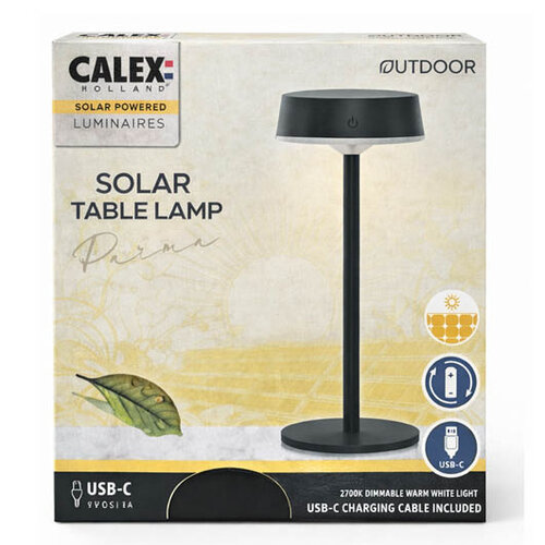  Calex Parma Outdoor Rechargeable Solar Tafellamp SMD 2.2W 150LM 2700K Dimbaar Zwart 