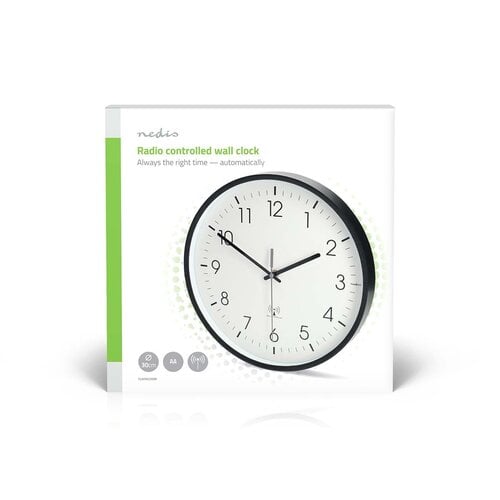  Nedis Wandklok 30cm Kunststof Radiogestuurde tijd Stille beweging Wit / Zwart 