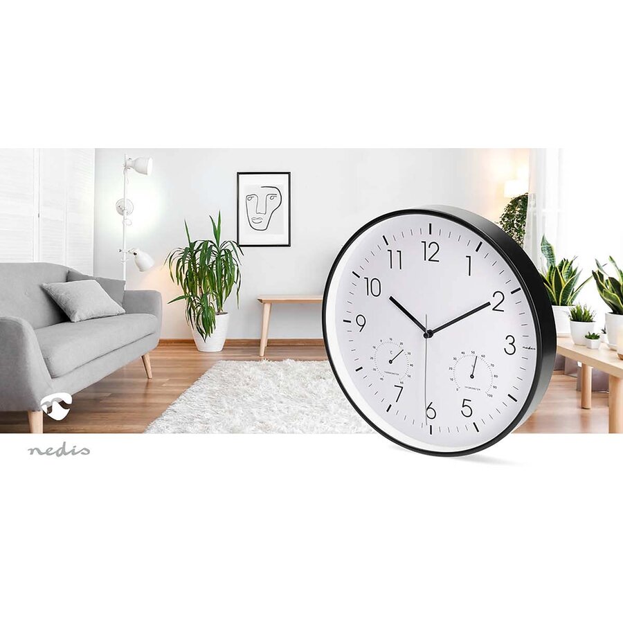 Wandklok 30cm Kunststof Stille beweging Thermometer Hygrometer Wit / Zwart-4