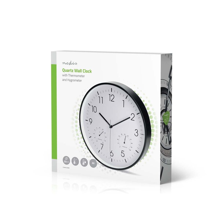 Wandklok 30cm Kunststof Stille beweging Thermometer Hygrometer Wit / Zwart-7