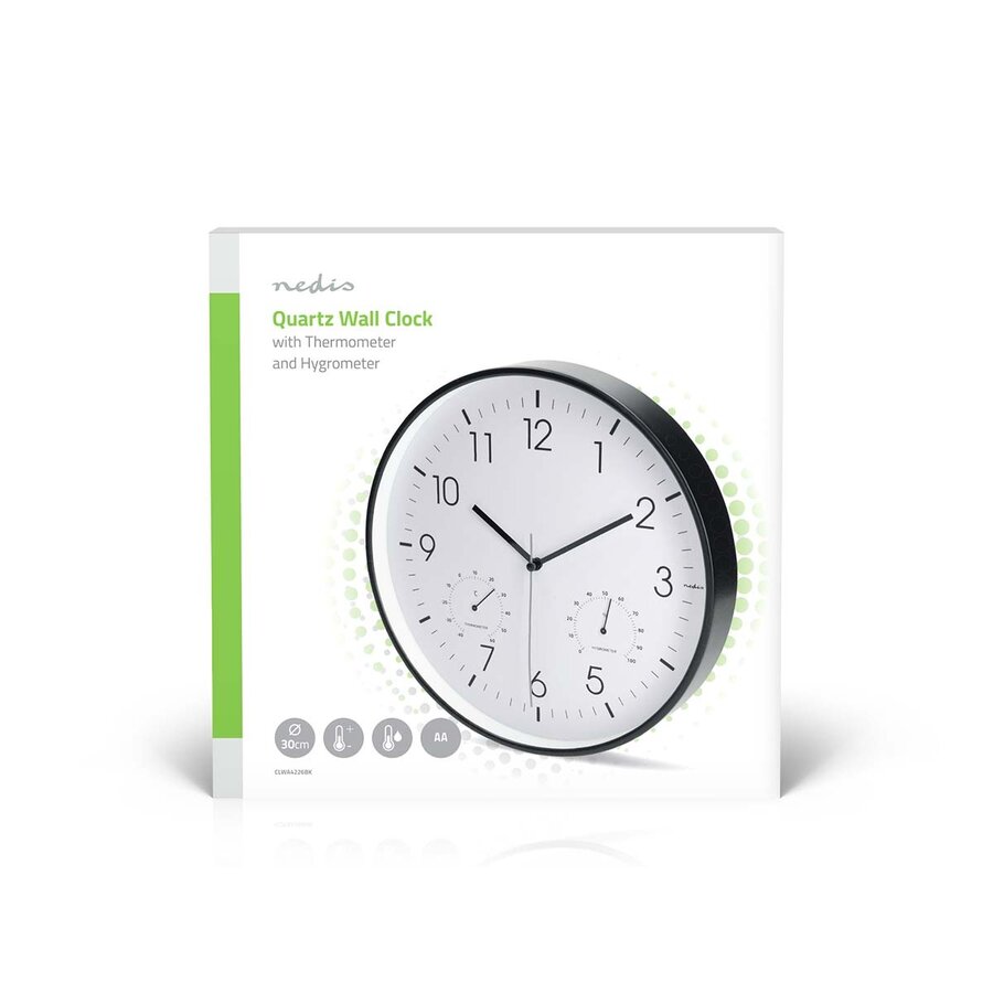 Wandklok 30cm Kunststof Stille beweging Thermometer Hygrometer Wit / Zwart-1