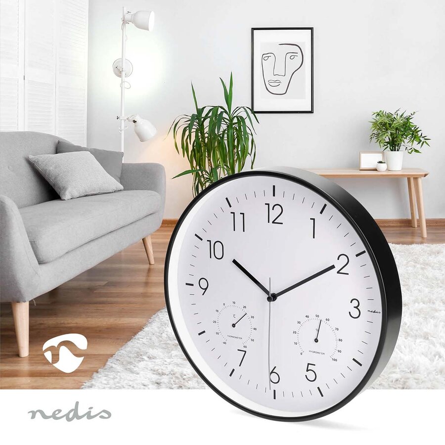 Wandklok 30cm Kunststof Stille beweging Thermometer Hygrometer Wit / Zwart-5