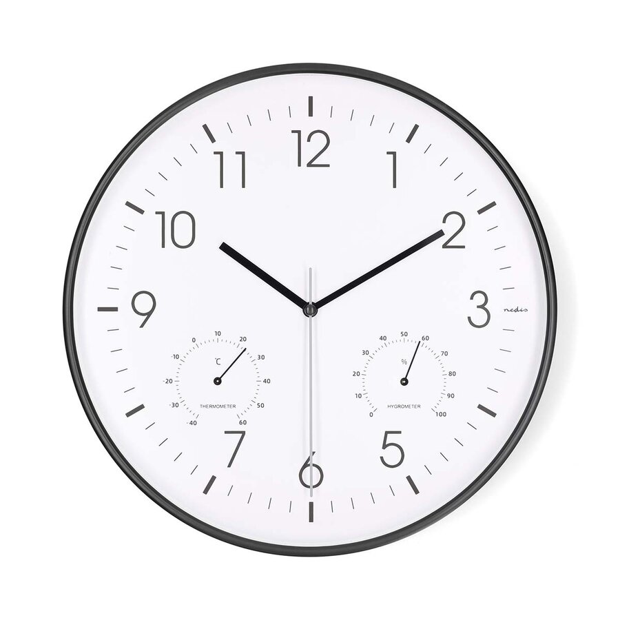 Wandklok 30cm Kunststof Stille beweging Thermometer Hygrometer Wit / Zwart-2