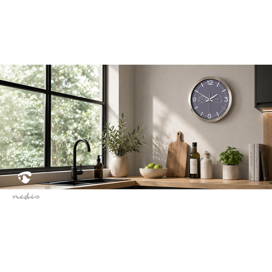 Wandklok 30cm RVS Stille beweging Thermometer Hygrometer Grijs / Metaal-5