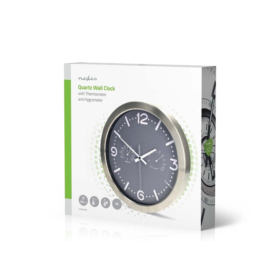Wandklok 30cm RVS Stille beweging Thermometer Hygrometer Grijs / Metaal-7