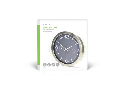  Nedis Wandklok 30cm RVS Stille beweging Thermometer Hygrometer Grijs / Metaal 