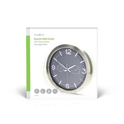  Nedis Wandklok 30cm RVS Stille beweging Thermometer Hygrometer Grijs / Metaal 