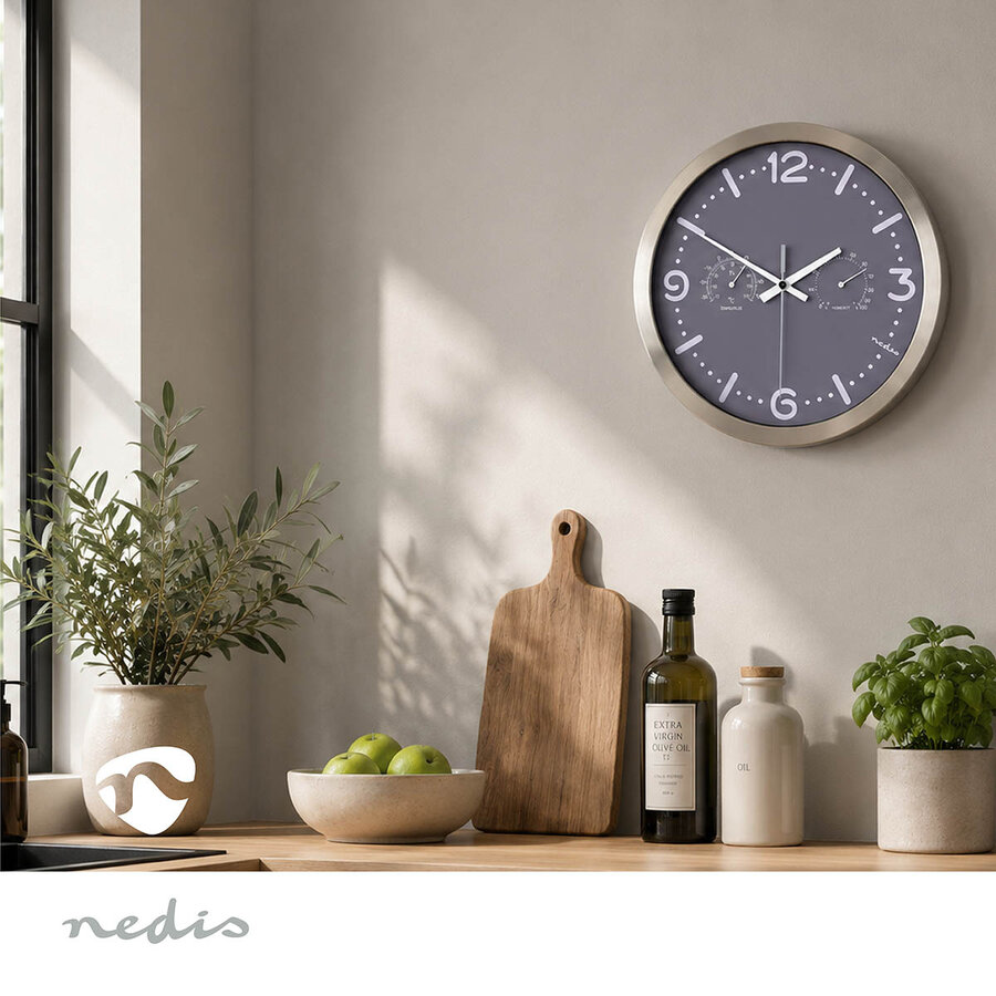 Wandklok 30cm RVS Stille beweging Thermometer Hygrometer Grijs / Metaal-4