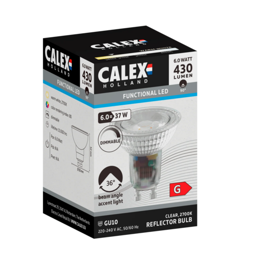  Calex Reflector Glass GU10 SMD 6W 460LM 2700K 220-240V Dimbaar 