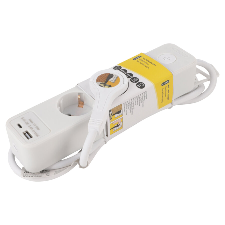 3V Stekkerdoos met 1x USB A en 1x USB C | 1,5M | Wit | Schakelaar-1