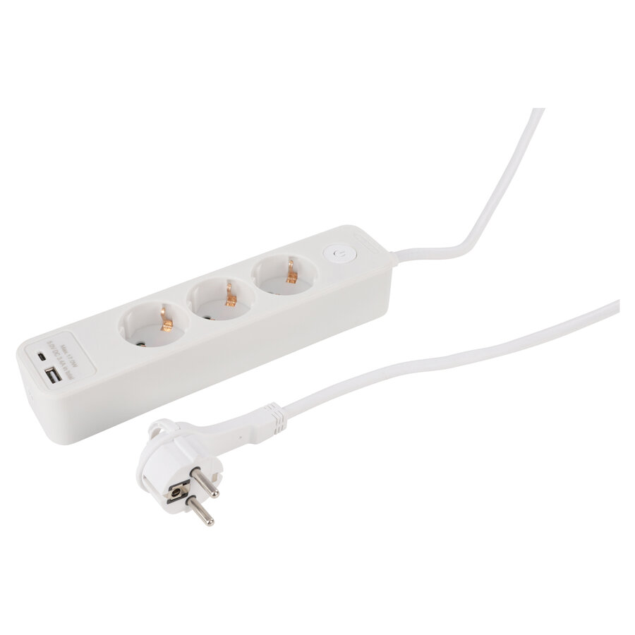3V Stekkerdoos met 1x USB A en 1x USB C | 1,5M | Wit | Schakelaar-2