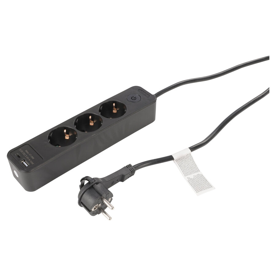 3V Stekkerdoos met 1x USB A en 1x USB C | 1,5M | Zwart | Schakelaar-3