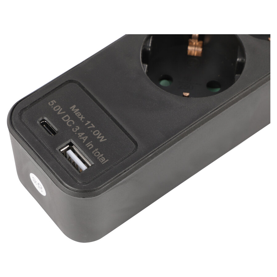 3V Stekkerdoos met 1x USB A en 1x USB C | 1,5M | Zwart | Schakelaar-2