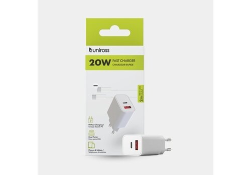  Uniross Snellader PD 20W met 2 Poorten + 2 meter USB-C Kabel 
