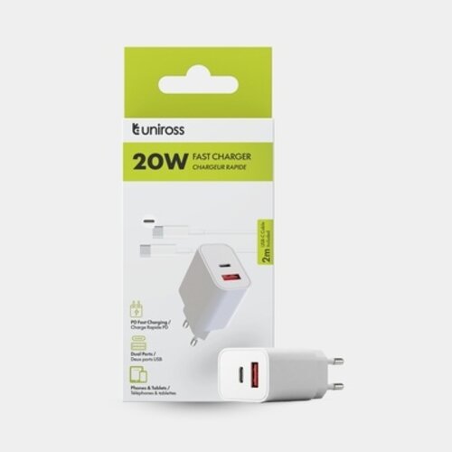  Uniross Snellader PD 20W met 2 Poorten + 2 meter USB-C Kabel 