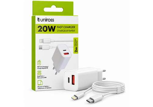  Uniross Snellader PD 20W met 2 Poorten + 2 meter USB-C Kabel 