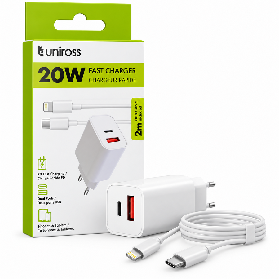 Snellader PD 20W met 2 Poorten + 2 meter USB-C Kabel-1