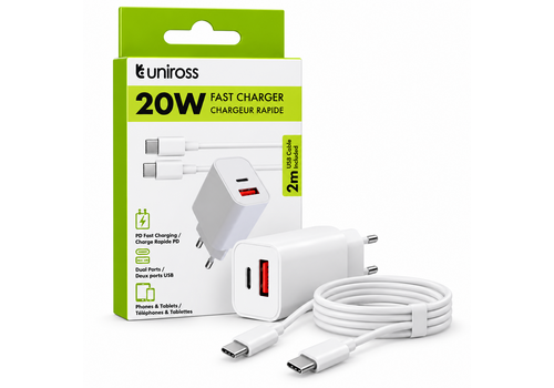  Uniross Snellader PD 20W met 2 Poorten + 2 meter Lightning Kabel 