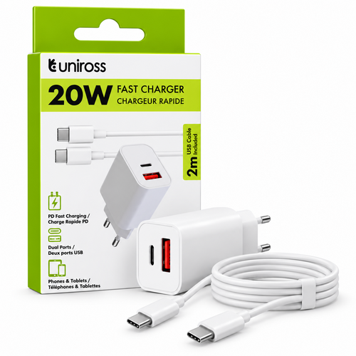  Uniross Snellader PD 20W met 2 Poorten + 2 meter Lightning Kabel 